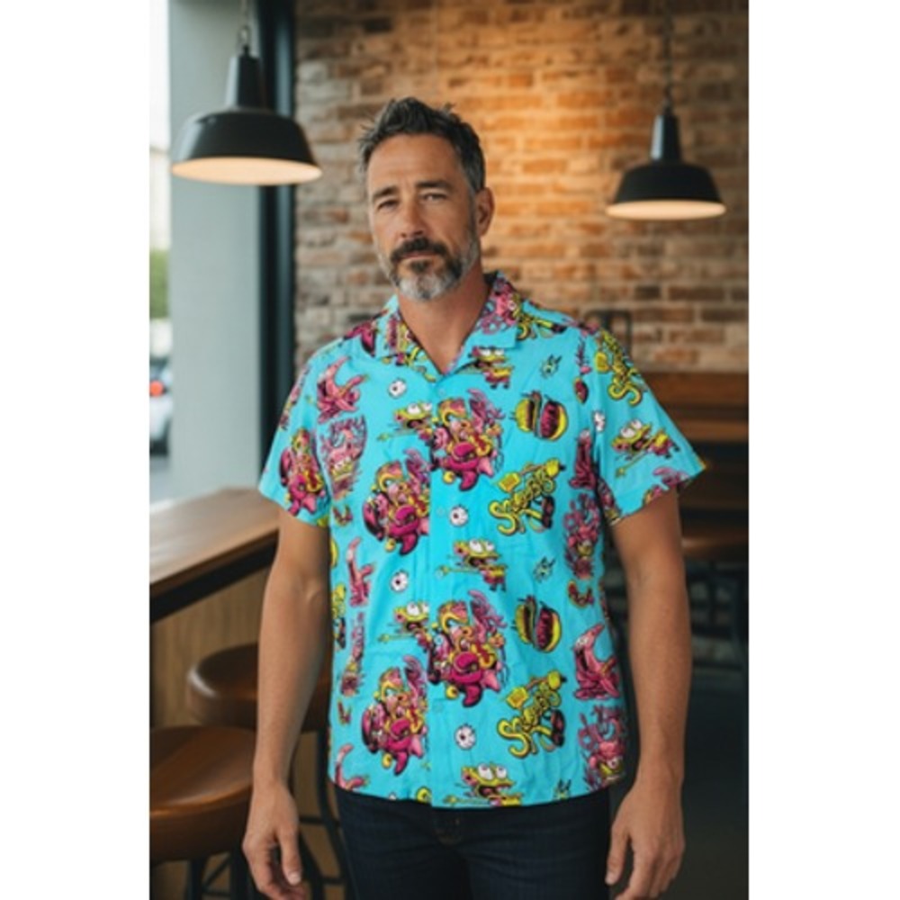 Nickelodeon SpongeBob Shirt Mens Small Blue Graphic Button Up Cartoon Rayon